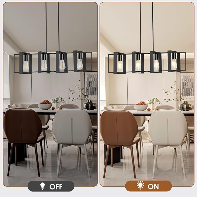 Dining Room Light Fixture, 4-Light Kitchen Island Lighting, Height Adjustable Island Lights For Kitchen, Black Linear Chandeliers For Dining Room, Metal Farmhouse Chandelier for Living Room(No Bulb)