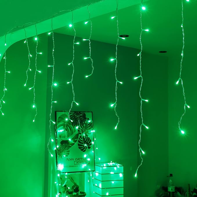 300LED Icicle Lights for Outside,Green Curtain Lights for St Patrick Day,8 Modes with 30V Plug in for Wedding, Party,Bedroom,Home,Garden,Outdoor,Indoor Wall,Christmas Decorations,Connectable