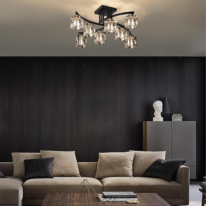 Crystal Semi Flush Mount Ceiling Light with 8-Lights Black Sputnik Ceiling Light Fixture Modern Chandeliers for Dining Room Living Room Kitchen Island Bedroom Hallway