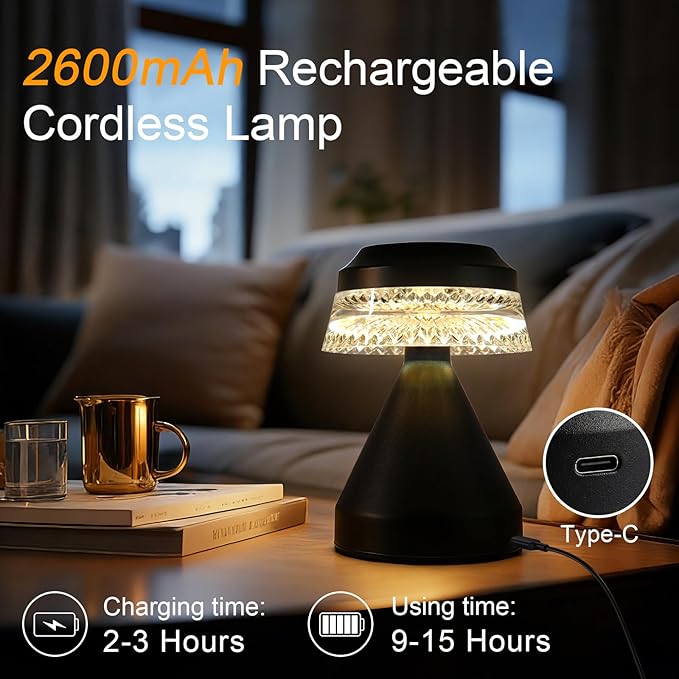 Rechargeable Cordless Table Lamp, 2600mAh Battery Operated Table Light | 3 Color | Stepless Dimming, for Bedroom, Cafe, Camping, Bar, Dining Table, Restaurant