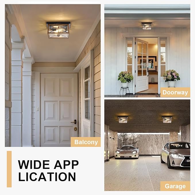 Motion Sensor Outdoor Flush Mount Ceiling Light, Industrial Glass Rustic Wood-Like Finish 2-Light Ceiling Lamp for Porch, Entryway, Garage, Timer and Sensitivity Adjustable (Wood-Like-Square)