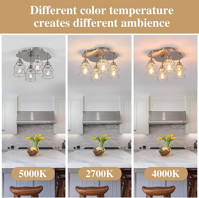 4-Lights Kitchen Light Fixtures Ceiling Mount, Adjustable Multi-Directional Brushed Nickel Flush Mount Ceiling Light, Vintage Metal Cage Farmhouse Lamp for Hallway, Dining Room, Foyer, Entryway