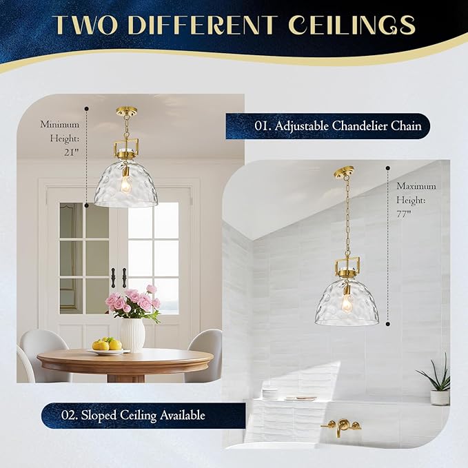 Glass Pendant Light, 13.8 Inch Single Hanging Ceiling Light with Adjustable Chain, E26 Base Oversized Clear Glass Kitchen Island Pendant Lighting in Brass Gold for Dining Room, Entryway