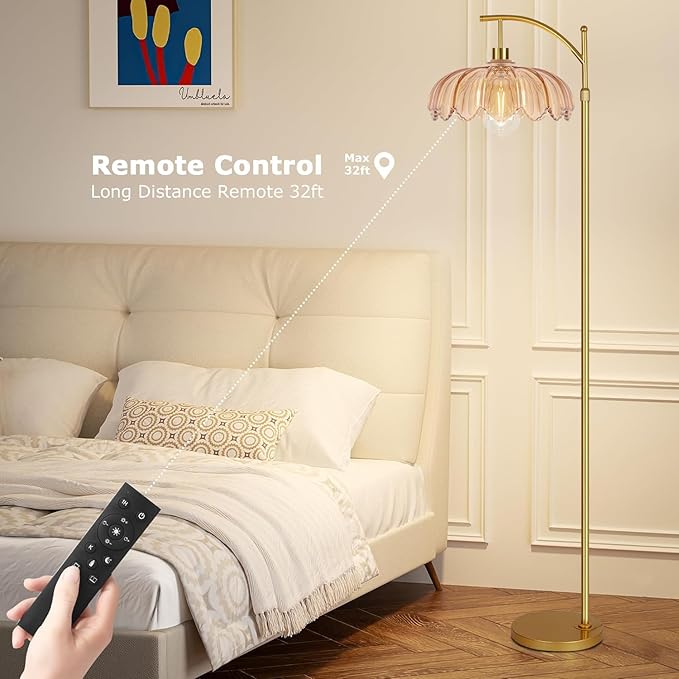 QIYIZM Glass Floor Lamp for Living Room,Bedroom,Gold Dimmable Standing Lamp with Remote,Mid Century Modern Brass Tall Lamp Boho Floor Lamps Arc Stained Flower Floor Light Lamp Bohemian