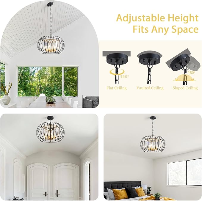 Black Gold Crystal Chandeliers 17.7" Modern 4-Light Cage Pendant Lighting Fixture Adjustable Farmhouse Round Chandeliers for Dining Room Bedroom Kitchen Island Hallway Foyer
