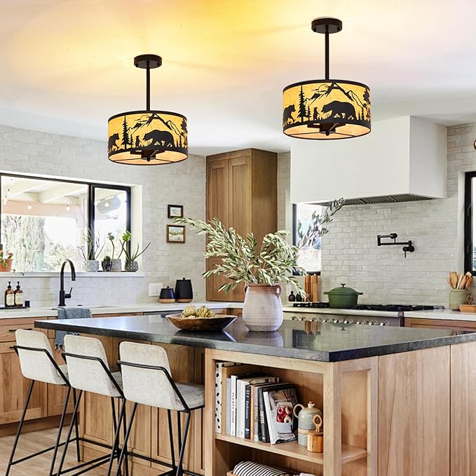 Rustic Semi-Flush Mount Ceiling Light Fixture with Slanted Installation and Lampshade, E12 Base 3-Light Round Black Metal Fixtures with Deer and Bear Design - Perfect for Kitchen, Bedroom, Foyer