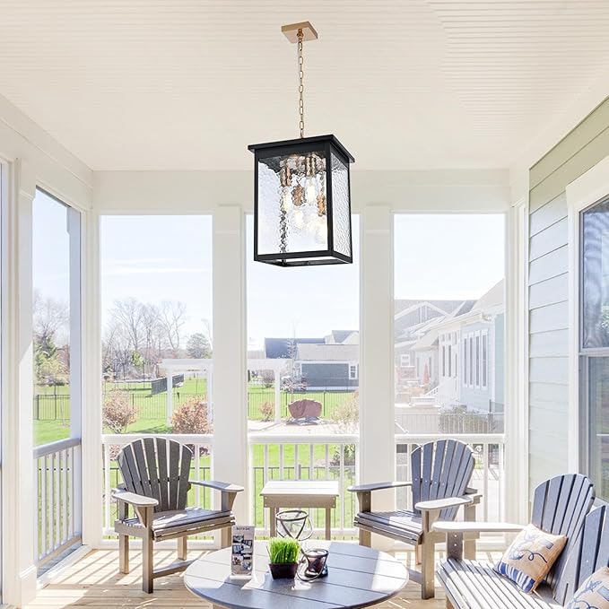 Large Outdoor Pendant Light Fixture, 4-Light Black & Brushed Brass Farmhouse Exterior Hanging Light Fixture with Hammer Glass Adjustable Chain, Outdoor Hanging Lantern for Porch Entrance Front