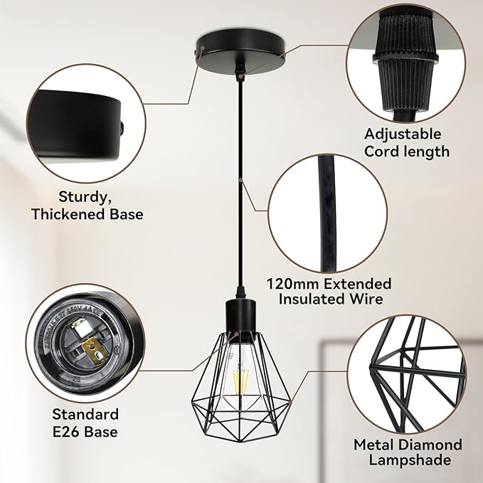 LTBLIGHT 2-Pack Industrial Pendant Light Fixtures, Black Hanging Ceiling Light with Adjustable Height Cord, Modern Pendant Lamps for Kitchen Hallway Bedroom Corridor, E26 Base(Bulbs Not Included)