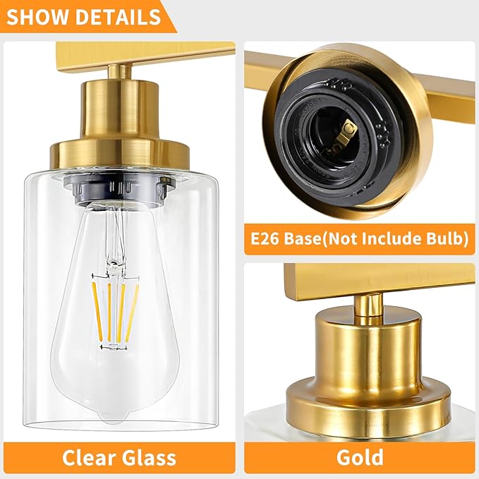 Bathroom Vanity Light, 4-Light Modern Matte Gold Wall Sconce Lighting with Clear Glass Shade, Black Wall Lights,Bath Vintage Wall Mounted Lamps for Mirror Bedroom Living Room