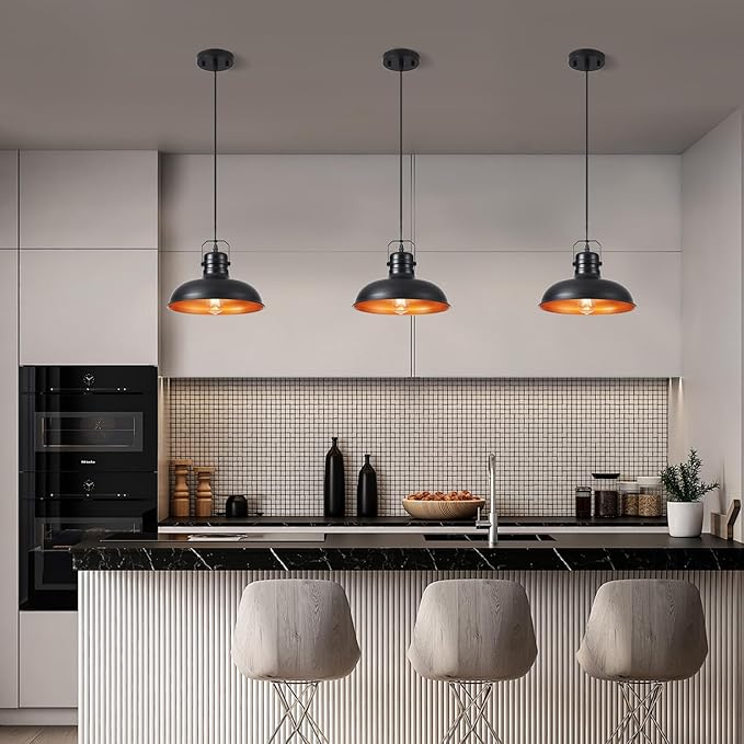 Industrial Pendant Light, 10.5 Inch Farmhouse Small Black and Gold Chandelier, Vintage Hanging Light Fixture with 71'' Height Adjustable Cord for Kitchen Island, Dining Room, Bedroom - 3 Pack