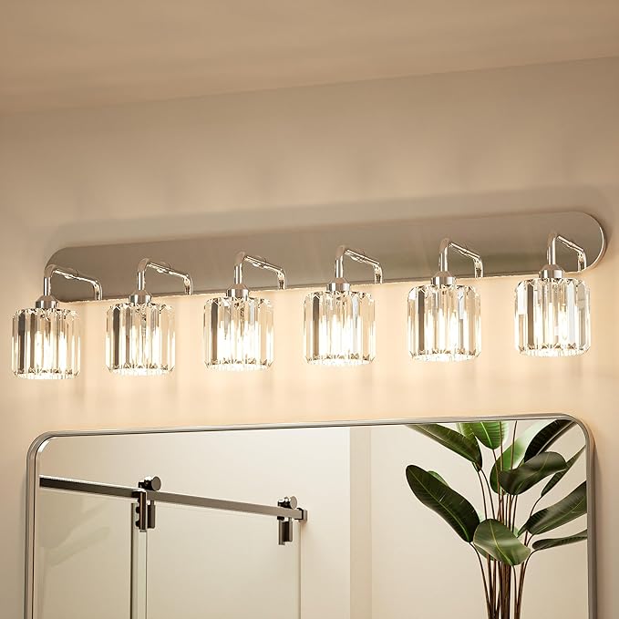 Keonjinn 6-Light Bathroom Light Fixtures, Crystal Chrome Bathroom Vanity Lights Over Mirror, Vanity Lighting Fixtures with Crystal Square Shades (E26 Socket, Exclude Bulb)