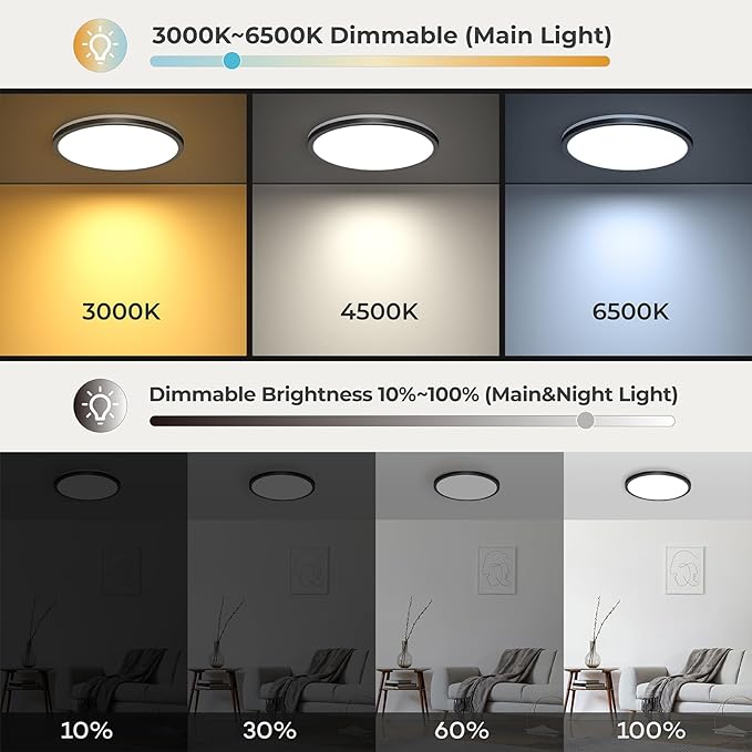 Matane Flush Mount Ceiling Light Fixture with Remote Control, Nightlight 8.7 Inch 18W 3000K-6500K Adjustable, Led Low Profile Ceiling Lights for Bedroom, Living Room,Dining Room, Kitchen, Round Black