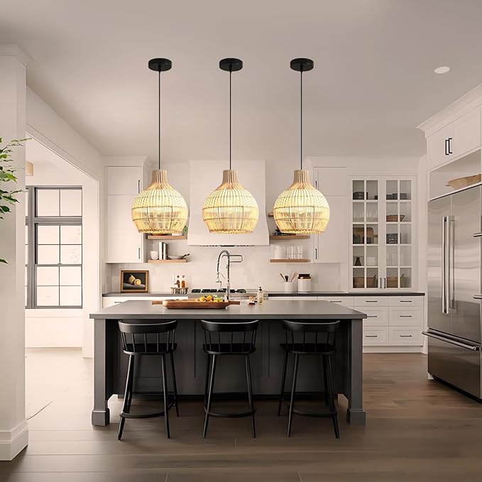 3 Pack Rattan Pendant Light Fixture Mini Hand-Woven White Rattan Chandelie,11Inch Boho Wicker Hanging Lamp for Dining Living Bedroom Kitchen Farmhouse