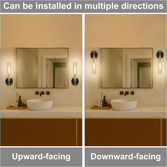 LaLuLa Black and Gold Bathroom Light Fixtures Over Mirror, Wall Sconces Set of 2 with Knurled Texture, Modern Hardwired Vanity Lights with Clear Glass Tube Shade for Bathroom，Bedroom