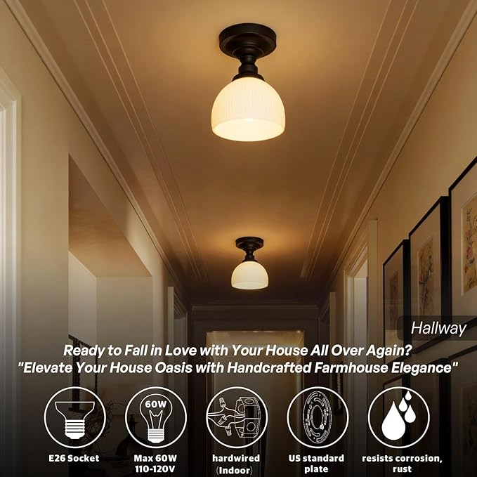 Modern Schoolhouse Semi Flush Mount Ceiling Light,Black Close to Ceiling Light Fixtures with Hand-Blown Glass Hallway Light Fixtures for Laundry Entryway Kitchen Bathroom Bedroom E26 Base