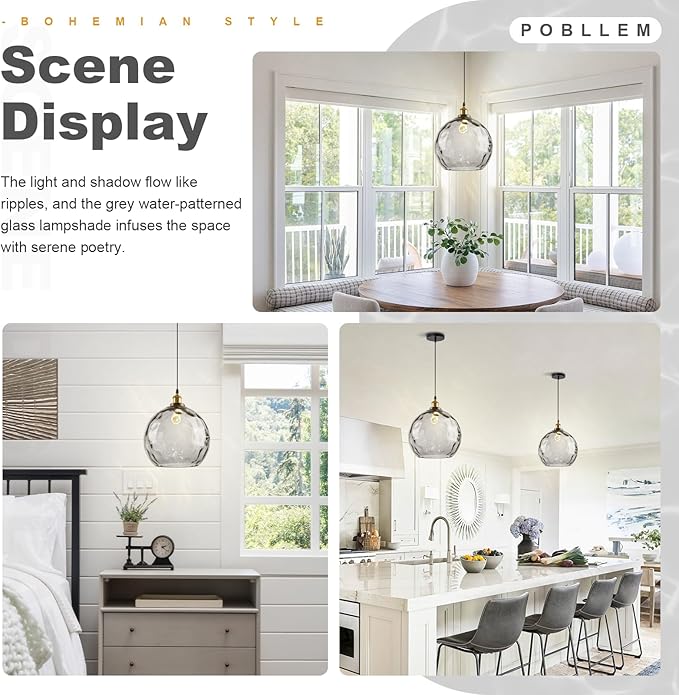 13.8" Large Grey Glass Pendant Lights Kitchen Island Hammered Glass Globe Pendant Lamp Mid Century Modern 1-Light Pendant Lighting Fixtures for Dining Room Living Room Bedroom