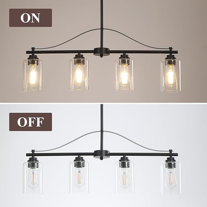 Island Light for Kitchen, 4-Light Linear Chandelier Pendant Lighting for Kitchen Island, Matte Black Dining Room Light Fixture Over Table with Clear Glass Shades
