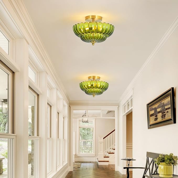 11.8 inch Kitchen Ceiling Light, 3-Light Semi Flush Mount Ceiling Lamp with Flower Glass, Modern Close to Ceiling Light Fixtures for Bathroom Bedroom Hallway Entryway, Green