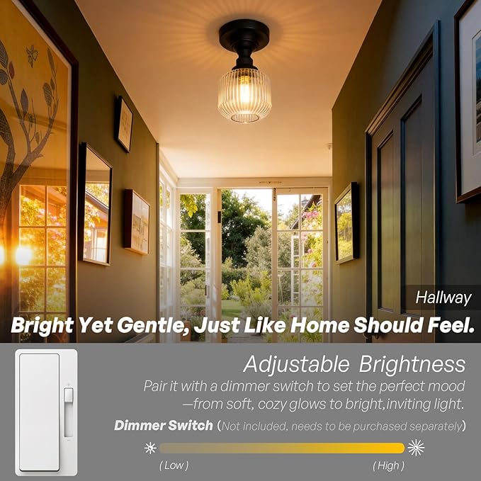 Modern Schoolhouse Semi Flush Mount Ceiling Light with Clear Ribbed Glass Lampshade, Industrial Close to Ceiling Light Fixture for Farmhouse Bedroom Entryway Stairs