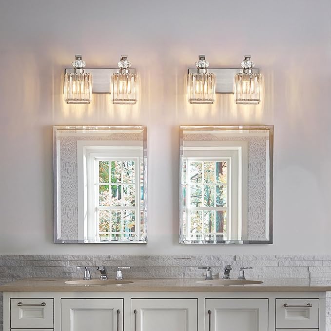 Modern Bathroom Vanity Light, 2-Light Nickel Bathroom Lighting Fixtures Over Mirror, 12.6" Crystal Wall Light Sconce for Bathroom/Bedroom/Vanity, Includes LED Bulbs, Easy Installation