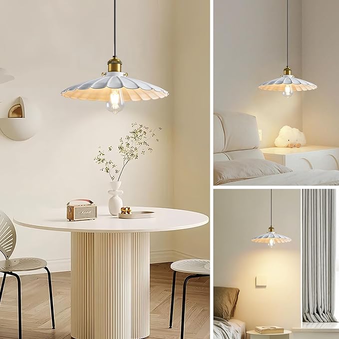 Pendant Lights, 13.8 Inch Glossy White Lampshade Kitchen Pendant Lights Height Adjustable Island Pendant Lights for Kitchen Industrial Style Hanging Light for Bedroom