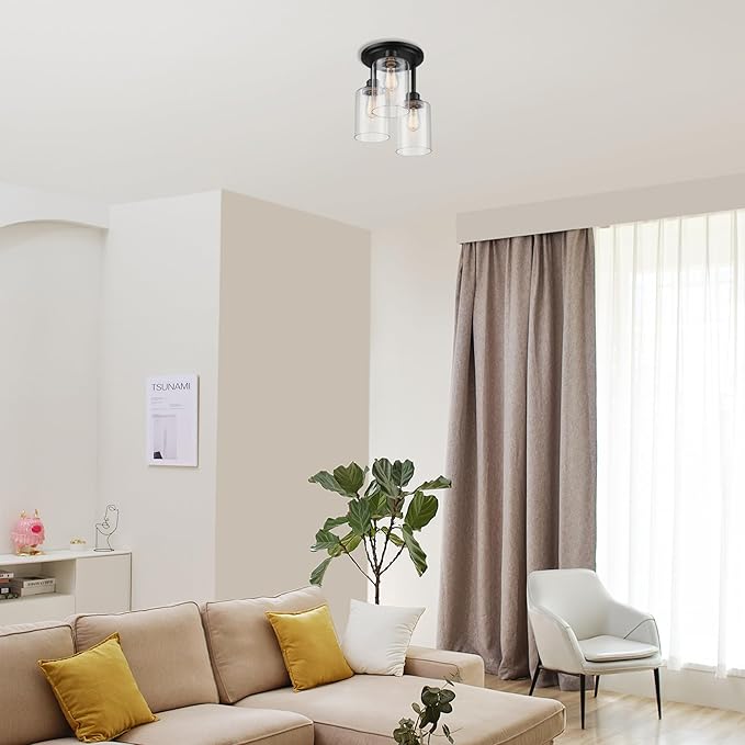 Globe Electric 65456 3-Light Flush Mount Ceiling Light, Industrial Tiered Matte Black Fixture, E26 Base, Dimmable