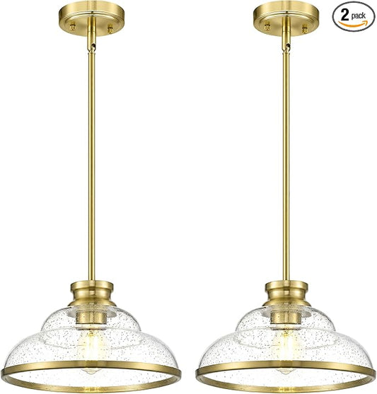 kudos 2 Pack Gold Pendant Lights Kitchen Island, 11" Brass Kitchen Island Lighting with Seeded Glass, Farmhouse Pendant Light fixtures for Kitchen Sink Dining Room Hallways, KDPL14-GD-2PK