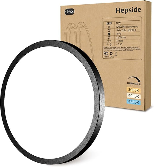 hepside 1PACK Flush Mount LED Ceiling Light Fixture - Black, 6.5Inch 12Watt, Dimmable & 3 Color Selectable - 1200LM Low Profile Light for Kitchen, Bedroom, Hallway, Porch