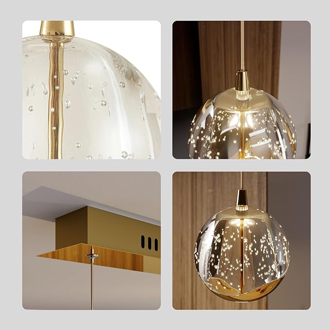 37.8" LED Linear Pendant Light Fixtures, 5-Light Gold Linear Chandelier with Bubble Glass Globes, LED 3000K Warm White, Modern Island Lights for Kitchen Living Room Ceiling Hanging, Hardwired