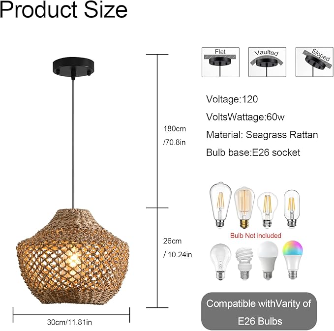 2-Pack Rattan Pendant Light Fixtures,11.81" Boho Pendant Light,Hand Woven Water Plants Rattan Chandelier for Workplace Occasions Restaurants Dining Living Bedroom Kitchen Farmhouse