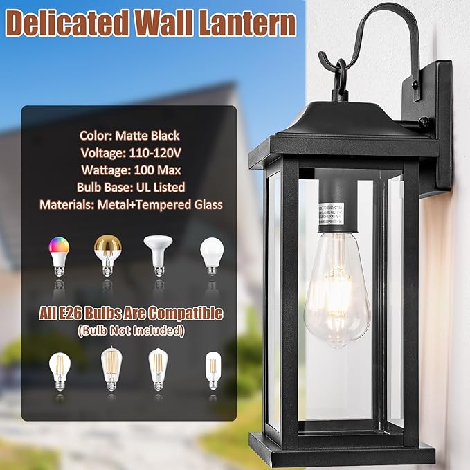 Large Black Outdoor Wall Light 17 Inch, Exterior Light Fixture with IP65 Waterproof Clear Glass, Modern Outside Wall Sconce Porch Light for Front Door Backyard, Wall Mounted Lamp E26 Base