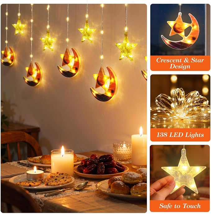 Lewondr Ramadan Curtain String Lights, 138 LED Moon Star Fairy Lights with 6H Timer, 8 Modes, Remote Control, USB Powered Curtain String Light, Eid Mubarak Decorations for Ramadan Home Decorations