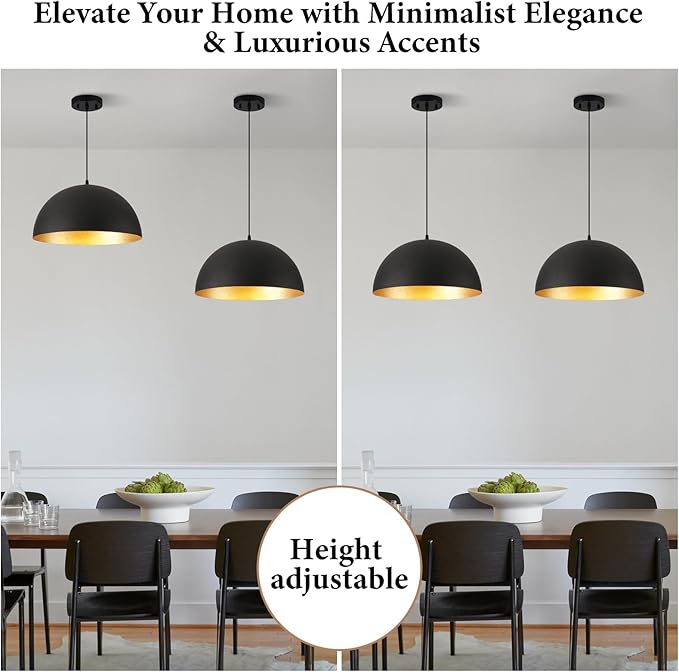Industrial Pendant Lighting for Kitchen Island, 20 Inch Black and Gold Metal Dome Pendant Light Fixtures, Hemispherical Hanging Ceiling Light E26 Base for Reading Dining Room Foyer Cafe