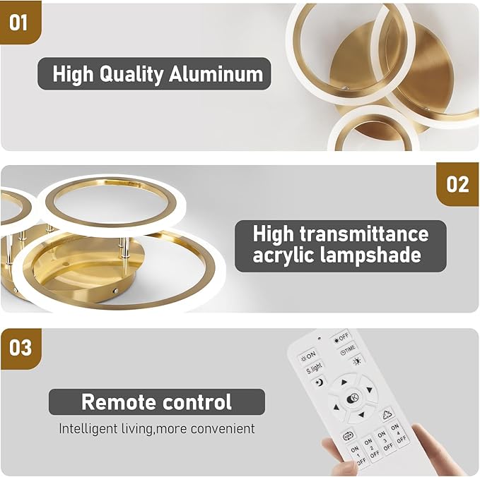 Dimmable Modern Led Ceiling Light 3 Rings 35W Dimming Circle Modern Living Room Light Fixture Gold Acrylic Flush Mount Ceiling Light with Remote for Bedroom Bathroom Kitchen Balcony Corridor