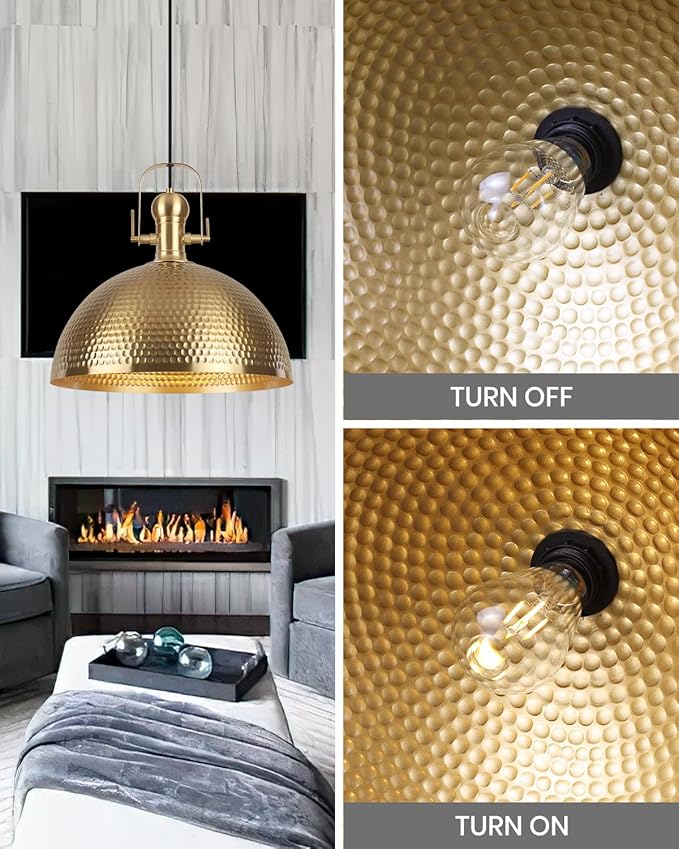 15.7 Inch Gold Pendant Light 2 Pack, Hammered Industrial Pendant Lights，Fixtures Adjustable Height Dome Pendant Light for Dining Room Bedroom Bar