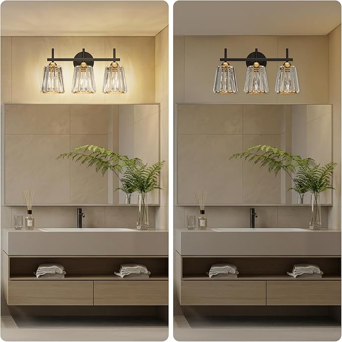 Crystal Bathroom Light Fixtures Over Mirror, Black Gold 3-Light Bathroom Vanity Lights Over Mirror Modern Wall Lighting Sconces with Ceramic E26 Base (Bulbs Not Include)