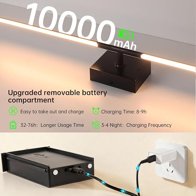Shenmoyl Battery Operated Wall Sconce Set of 2, 10000mAh Rechargeable Wall Sconces with Detachable Battery, Indoor 350°Rotate Wall Lights for Bedroom Living Room, Black, 31.5 Inch