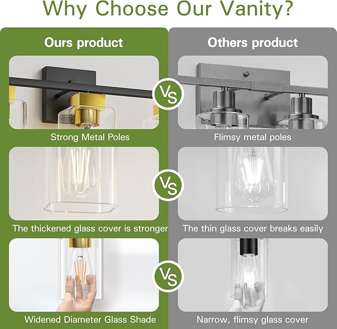 Black and Brushed Gold Bathroom Vanity Light, 3-Light Vanity Lighting fixtures Over Mirror, Square Design & UL Certification, Wall Sconces with Clear Glass Shades, E26 Socket (Bulbs Not Included)