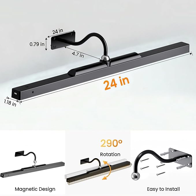 24 Inch Picture Light - Black 6000mAh Battery Operated Wireless Wall Sconce with Remote & Timer for Paintings, Gallery, Mirror & Artwork