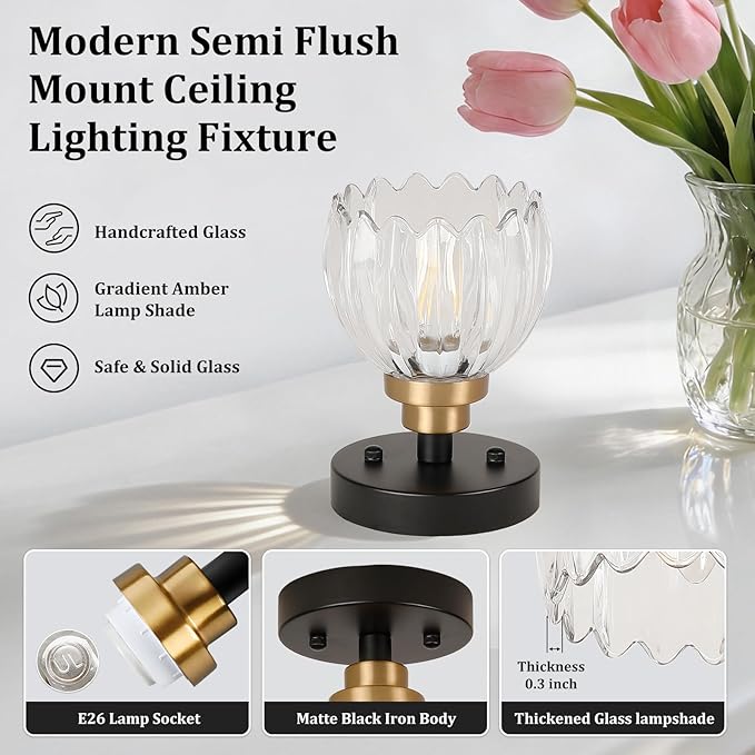 TALOYA Semi Flush Mount Ceiling Light, Close to Ceiling Light Fixtures with Clear Tulip Glass Shades Modern Farmhouse Lighting Fixtures for Hallway Corridor Kitchen Bathroom Bedroom Passway