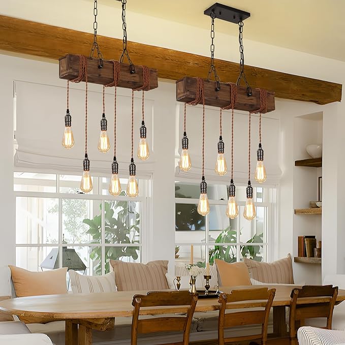 KEESFU 6-Lights Dining Farmhouse Chandelier, Farmhouse Wooden Ceiling Pendant Light, Height Adjustable, Rustic Chandelier for Kitchen Island Dining Room Bar Pool Table Cabin.