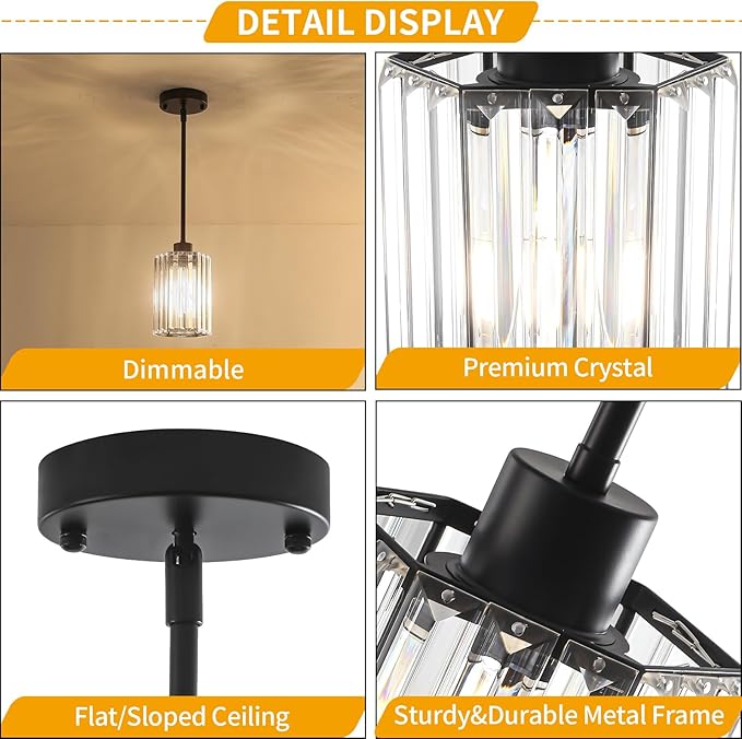 3-Pack Black Pendant Lights Kitchen Island Modern Crystal Hanging Pendant Light Hexagonal Mini Chandelier Adjustable Hanging Kitchen Lights for Dining Room Hallway Bedroom Entryway Light Fixtures