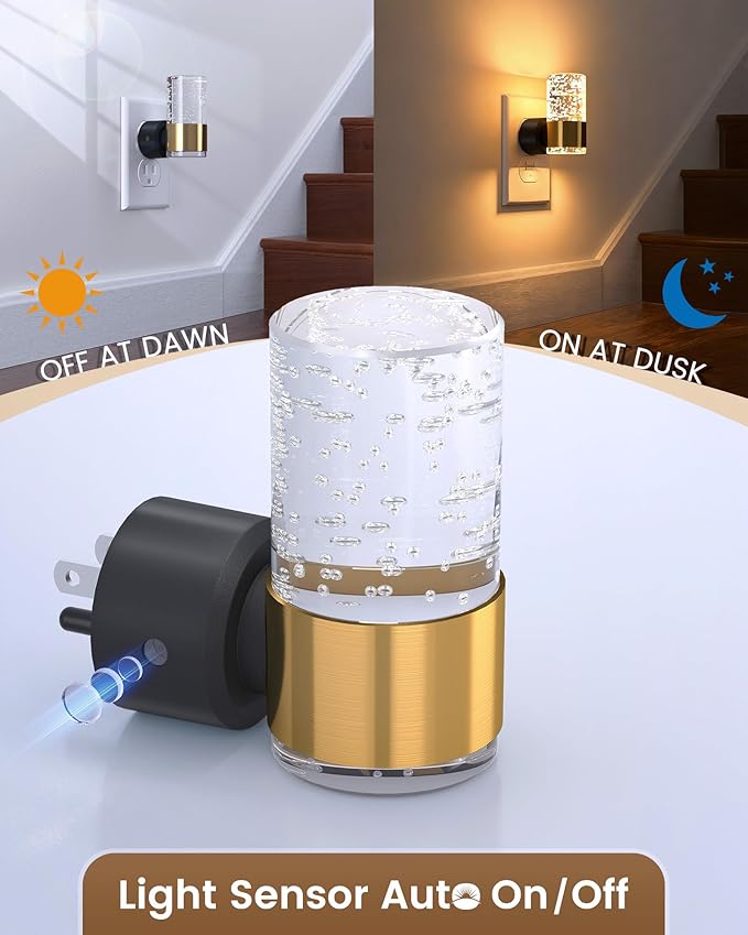 NIORSUN Night Light Plug into Wall, Dimmable Nights Lights with 3 CCT & 5 Brightness Levels, Slim Acrylic Plug in Night Light, Auto Dusk to Dawn Sensor for Stairs, Hallway, Bathroom, Gold, 2 Pack