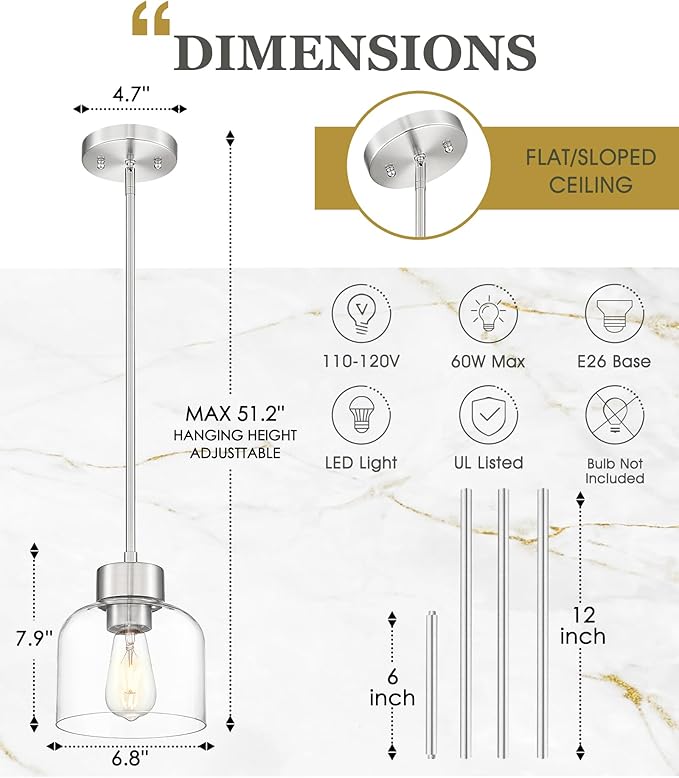 2-Pack Pendant Lights Kitchen Island, 7" Brushed Nickel Hanging Lights Fixtures with Clear Glass Shade, Modern Kitchen Pendant Lighting Over Island for Dining Room, AD-24024-1P2-SN