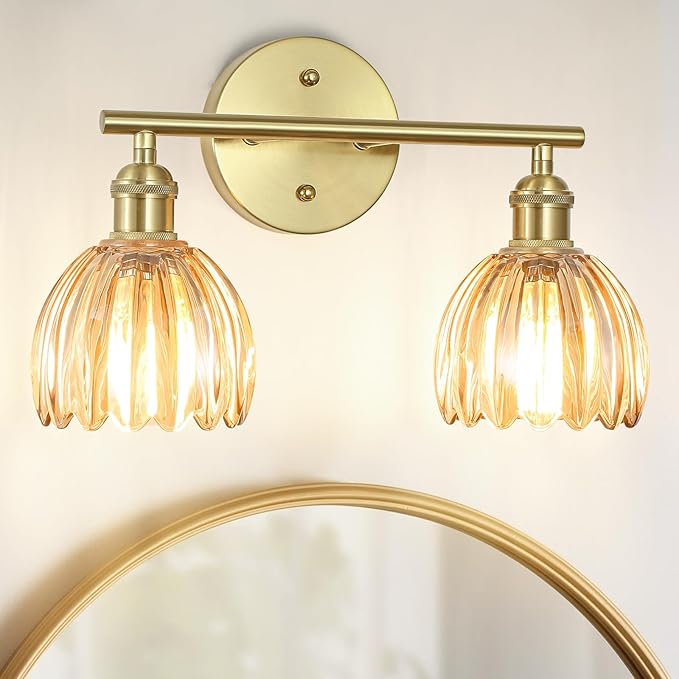 Vintage Bathroom Light Fixtures,2-Light Hardwired Vanity Lights with Amber Tulip Glass Shade,Gold Bathroom Vanity Light for Mirror Restroom,E26 Socket,14.57 in(Bulbs Not Included)