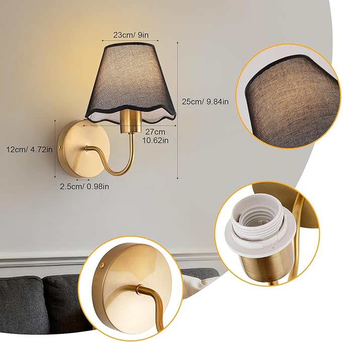ADISUN Battery Operated Wall Sconce Set of 2, Gold Wall Lamps Rechargeable Bulbs for Living Room, Black Rattan Shade, Wireless Wall Lights for Bedroom Living Room Hallway Kitchen(2 Bulbs Included)
