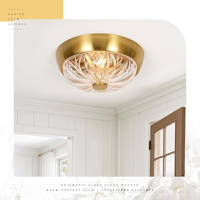 Gold Semi Flush Mount Ceiling Light, 2-Light Modern Close to Ceiling Light Fixture, Aluminum Glass Indoor Outdoor Ceiling Lamp for Bedroom Kitchen Hallway Foyer