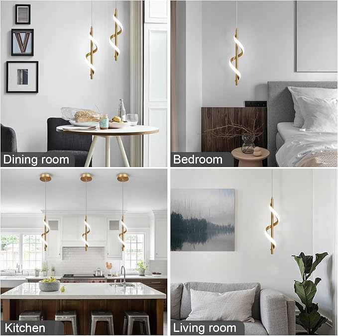 CANEOE 3 Packs Modern Spiral Led Pendant Light Fixture, Cold White 5500K Gold Kitchen Island Pendant Lamp, Adjustable Hanging Light Fixture for Bedroom Living Room Kitchen Sink (Gold)