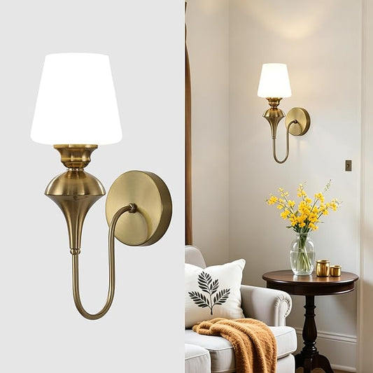 LASENCHOO Modern Gold Wall Sconce, 1-Pack Antique Brass Wall Light Fixtures with Glass Shade, Vintage Sconces Wall Lighting Single Wall Mounted Lamp for Bedroom Living Room Bathroom Vanity Light