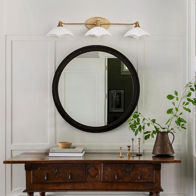 Bathroom Light fixtures Brass Vanity Light -3 Light Bathroom Vanity Light E12 Bulb Holder, 33.85 Inch Large White Light, Retro Luxury Bathroom Mirror Lighting